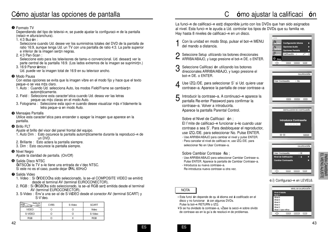 Samsung DVD-E232A/XEC manual Có mo ajustar las opciones de pantalla, Có mo ajustar la calificació n 