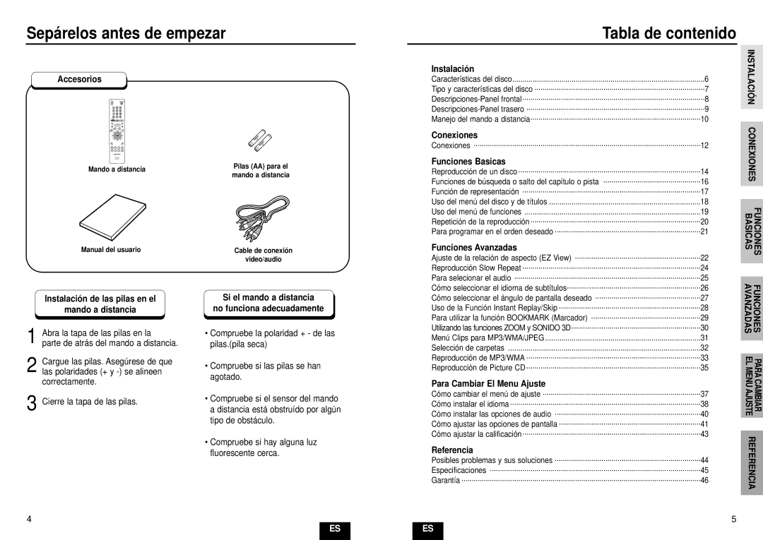 Samsung DVD-E232A/XEC manual Sepárelos antes de empezar, Tabla de contenido 