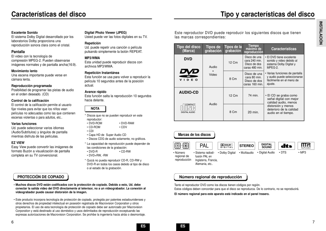 Samsung DVD-E232A/XEC Características del disco Tipo y características del disco, Pantalla, Las marcas correspondientes 