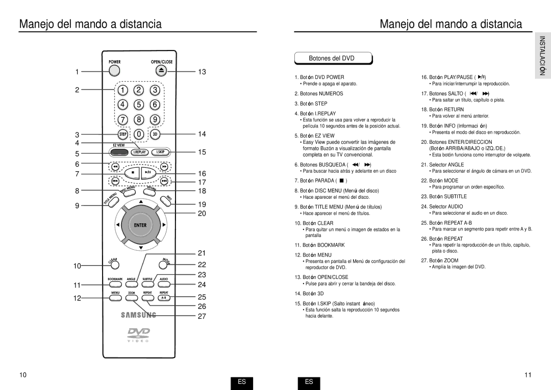 Samsung DVD-E232A/XEC manual Manejo del mando a distancia, Botones del DVD 