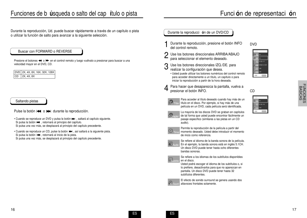 Samsung DVD-E232A/XEC Funciones de bú squeda o salto del capítulo o pista, Buscar con Forward o Reverse, Saltando pistas 