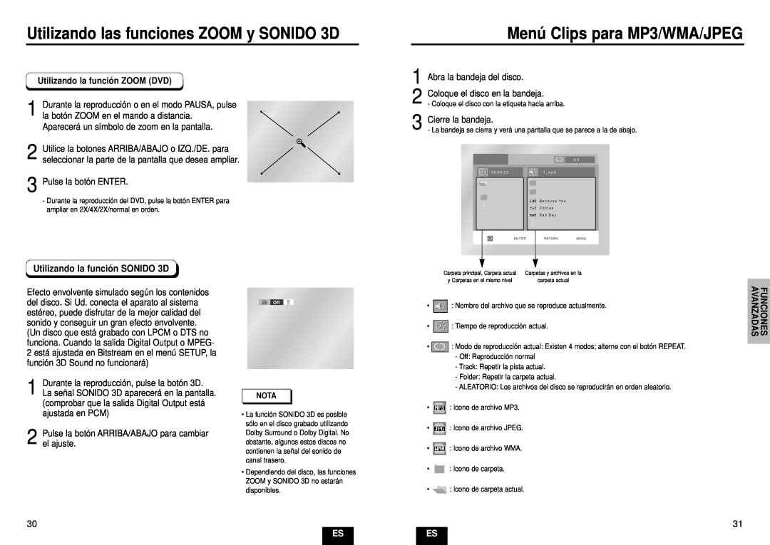 Samsung DVD-E232A/XEC manual Utilizando las funciones ZOOM y SONIDO 3D, Menú Clips para MP3/WMA/JPEG 