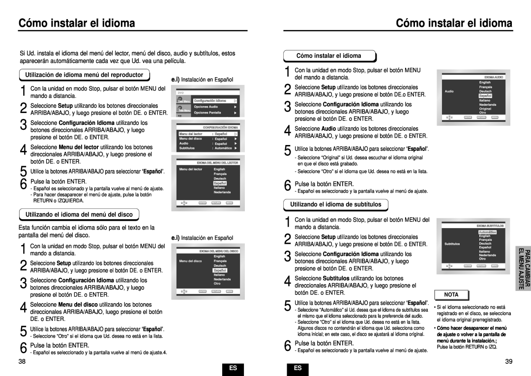 Samsung DVD-E232A/XEC manual Có mo instalar el idioma, Utilizació n de idioma menú del reproductor 