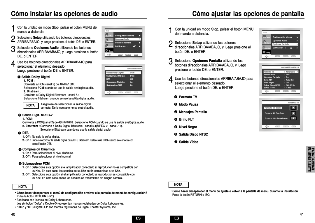 Samsung DVD-E232A/XEC manual Có mo instalar las opciones de audio, Có mo ajustar las opciones de pantalla 