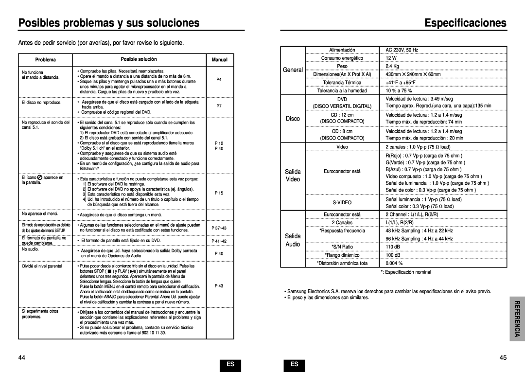 Samsung DVD-E232A/XEC manual Posibles problemas y sus soluciones, Especificaciones, Referencia 