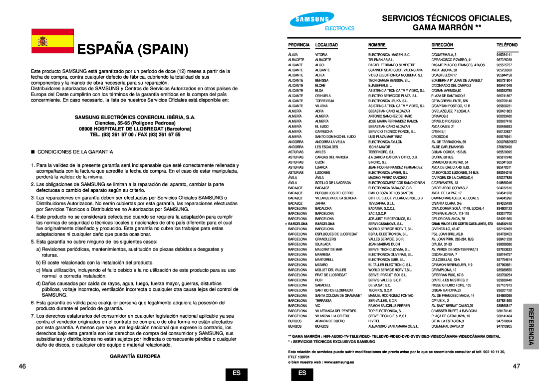 Samsung DVD-E232A/XEC manual Servicios Té Cnicos Oficiales, Gama Marró N, Españ A Spain, Referencia, Garantía Europea 