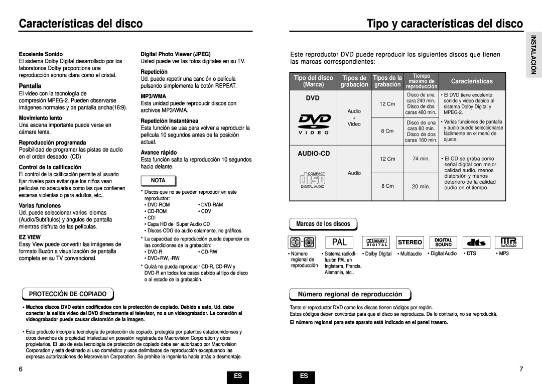 Samsung DVD-E232A/XEC Características del disco, Tipo y características del disco, Pantalla, Tipos de, Audio-Cd, Ez View 