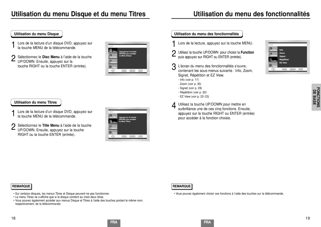 Samsung DVD-E232A/XEL manual Utilisation du menu Disque et du menu Titres, Utilisation du menu des fonctionnalité s 