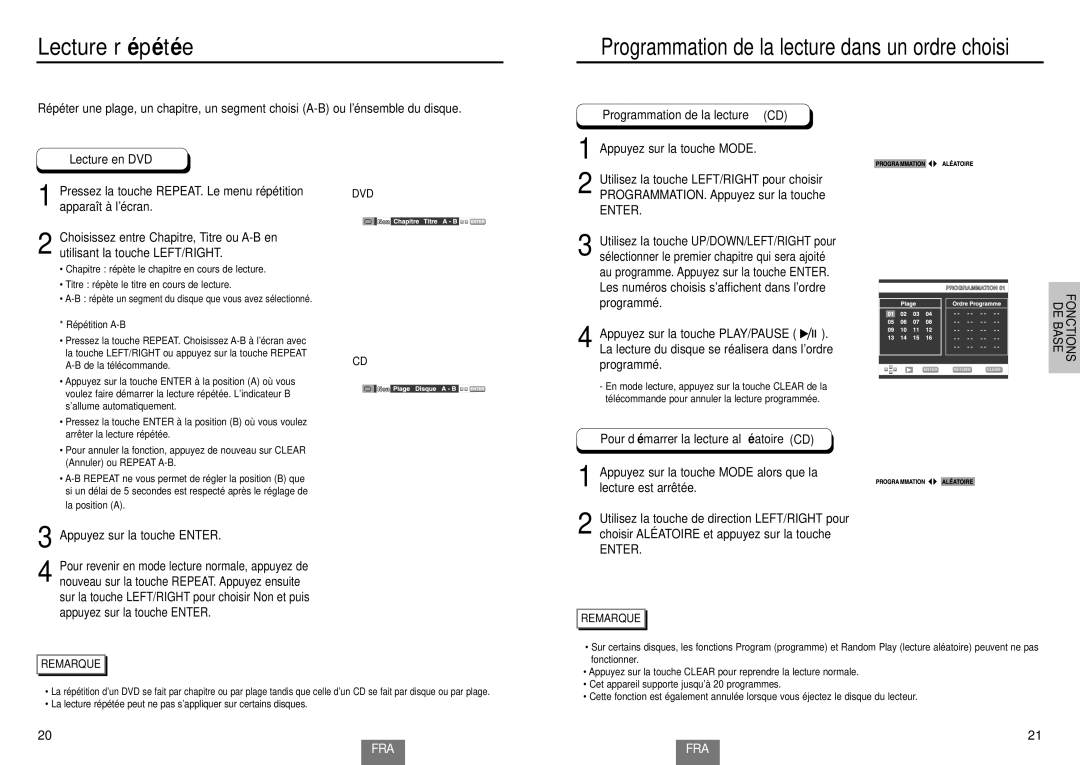 Samsung DVD-E232A/XEL manual Fonctions DE Base 