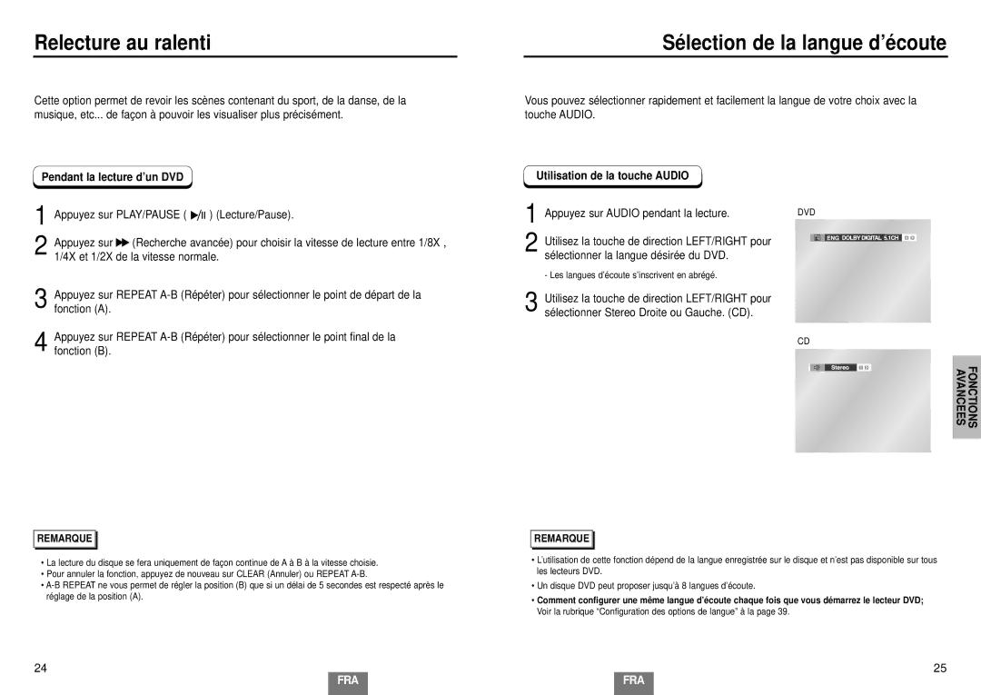 Samsung DVD-E232A/XEL manual Relecture au ralenti, Sé lection de la langue d’é coute, Pendant la lecture d’un DVD 