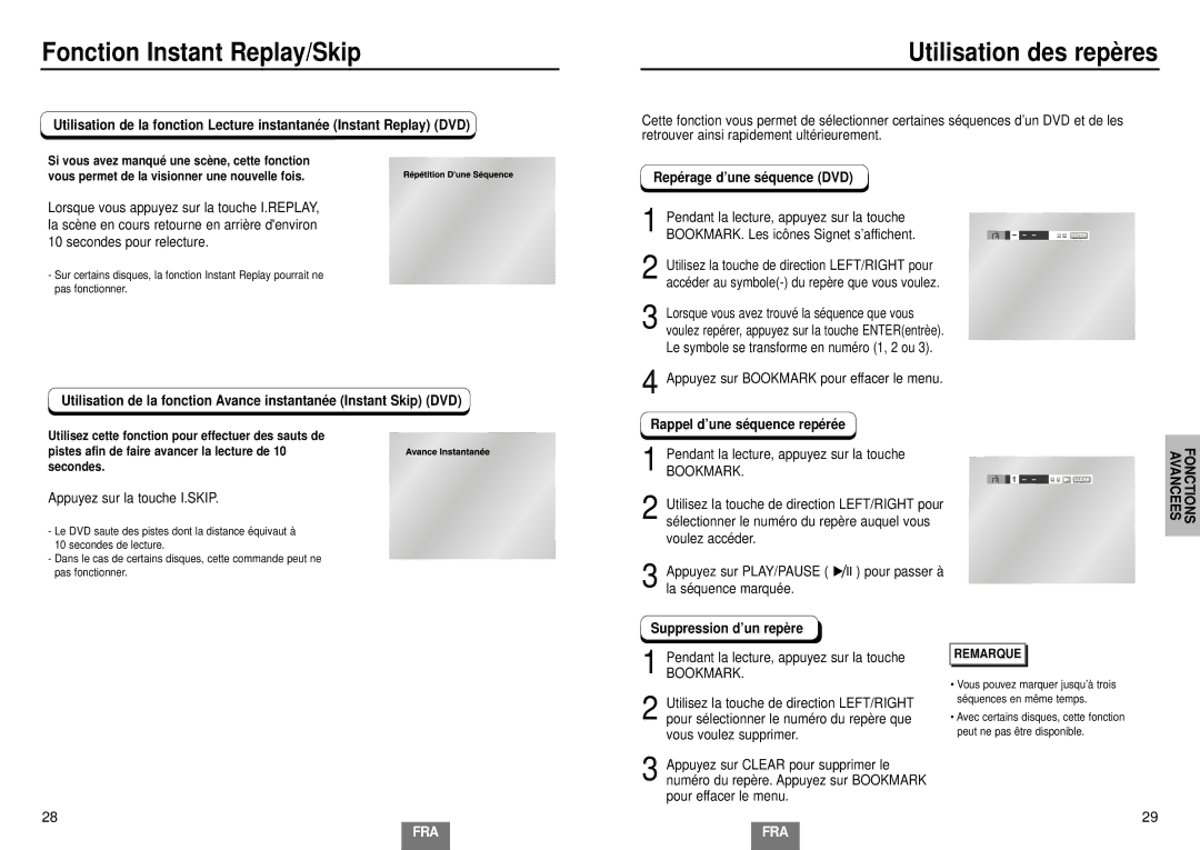 Samsung DVD-E232A/XEL manual Fonction Instant Replay/Skip, Utilisation des repères, Repérage d’une séquence DVD 