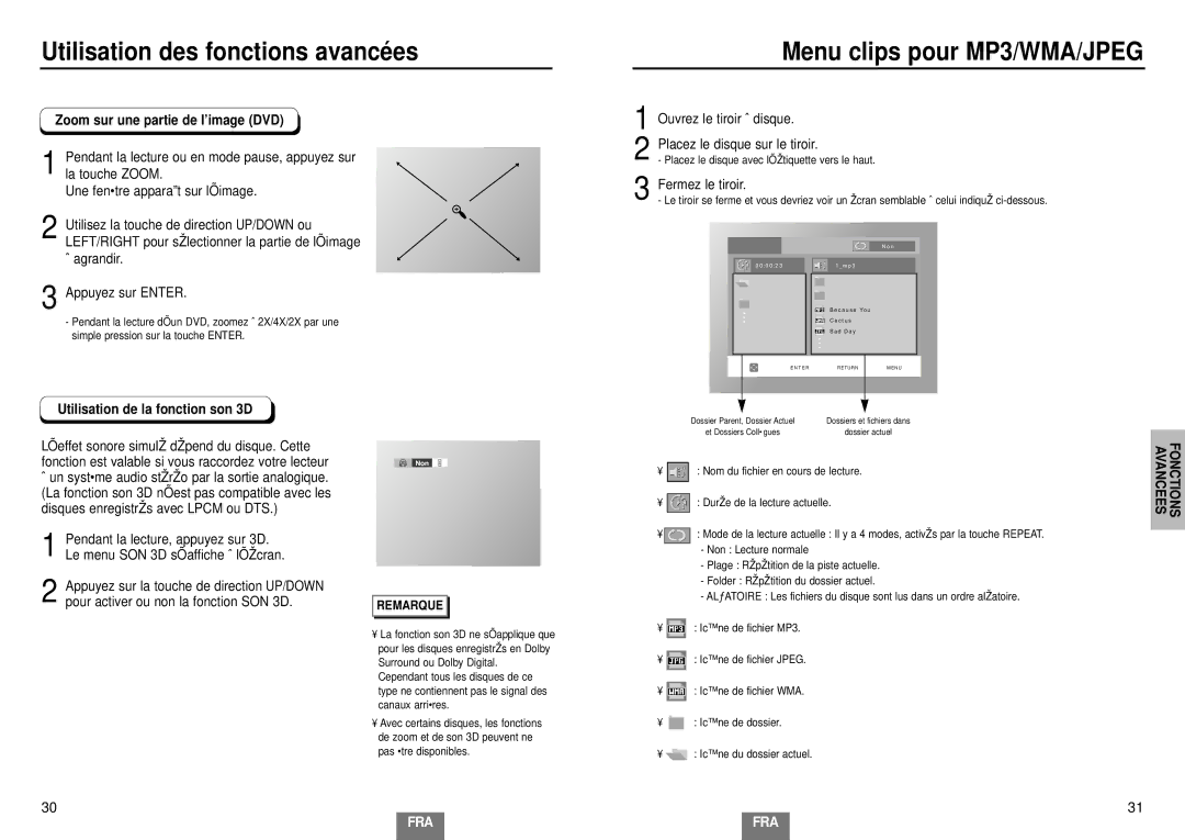 Samsung DVD-E232A/XEL Utilisation des fonctions avancées, Menu clips pour MP3/WMA/JPEG, Zoom sur une partie de l’image DVD 