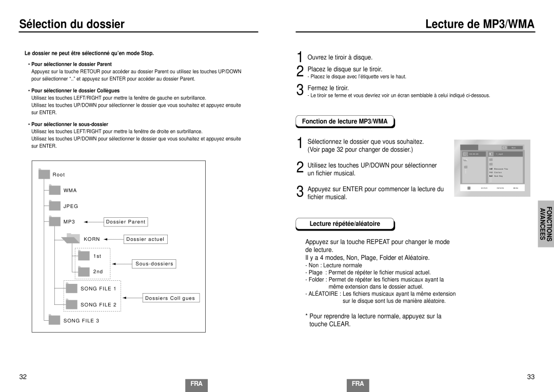 Samsung DVD-E232A/XEL Sélection du dossier Lecture de MP3/WMA, Ouvrez le tiroir à disque Placez le disque sur le tiroir 