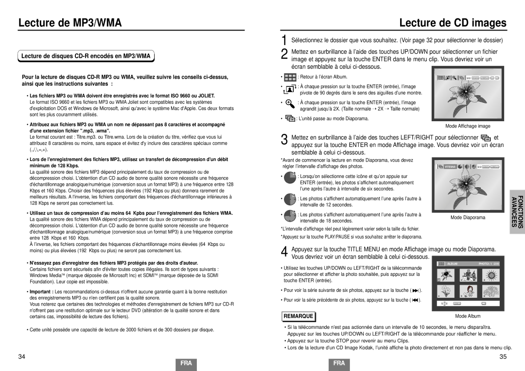 Samsung DVD-E232A/XEL Lecture de CD images, Lecture de disques CD-R encodés en MP3/WMA, Dune extension fichier .mp3, .wma 