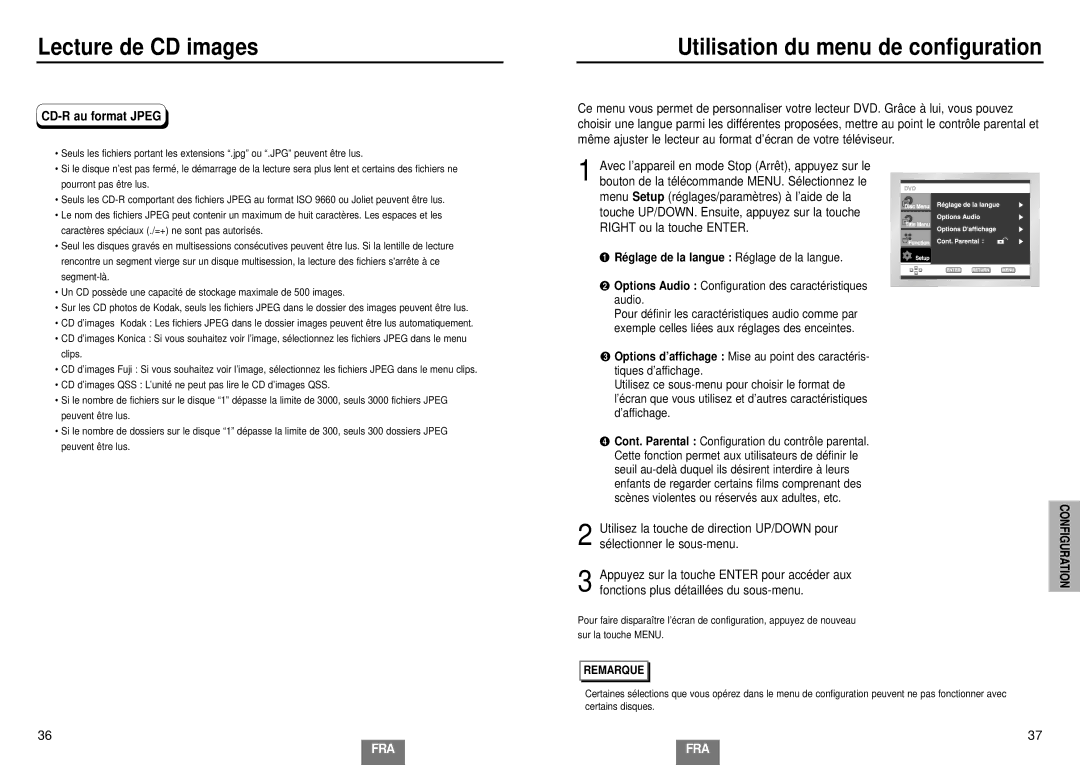 Samsung DVD-E232A/XEL manual Utilisation du menu de configuration, CD-R au format Jpeg 