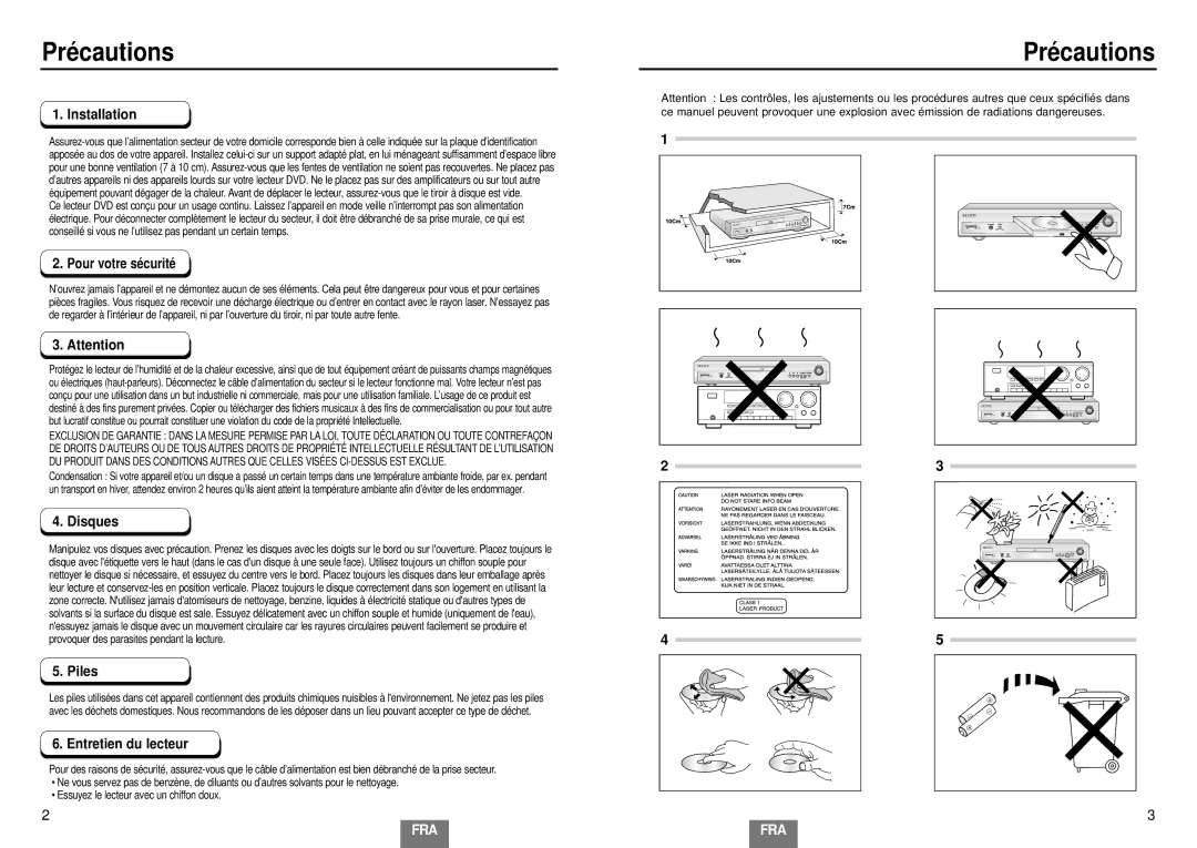 Samsung DVD-E232A/XEL manual Précautions 