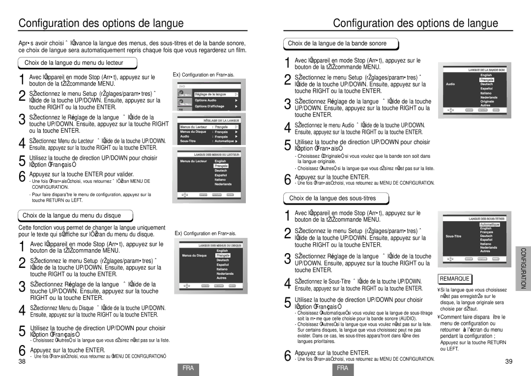 Samsung DVD-E232A/XEL Configuration des options de langue, Touche Enter, Appuyez sur la touche Enter, ’option Franç ais 