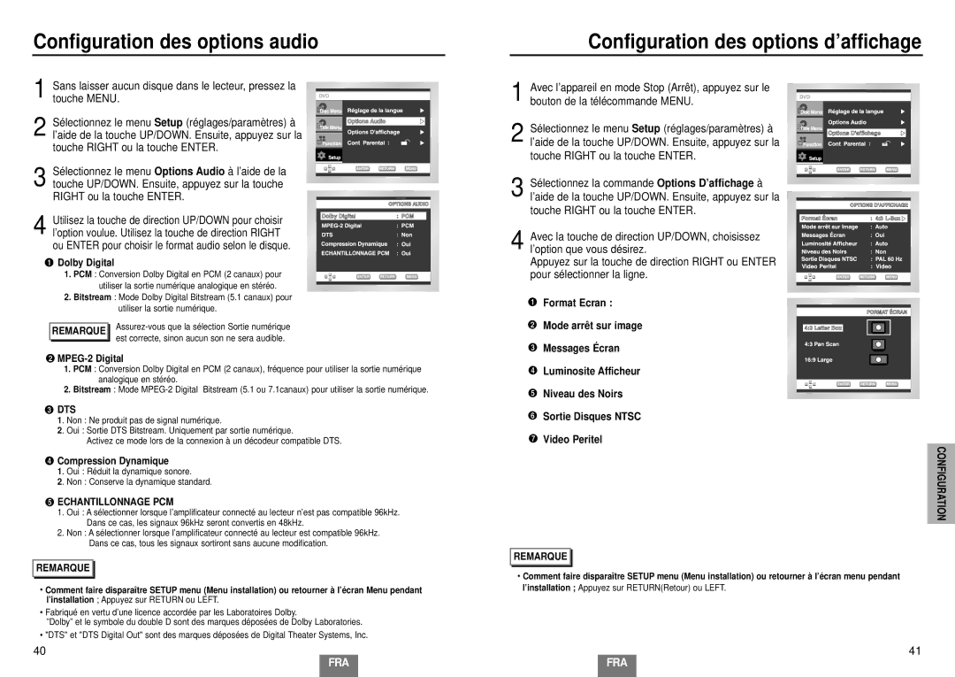 Samsung DVD-E232A/XEL Configuration des options audio, Configuration des options d’affichage, Dts, Echantillonnage PCM 