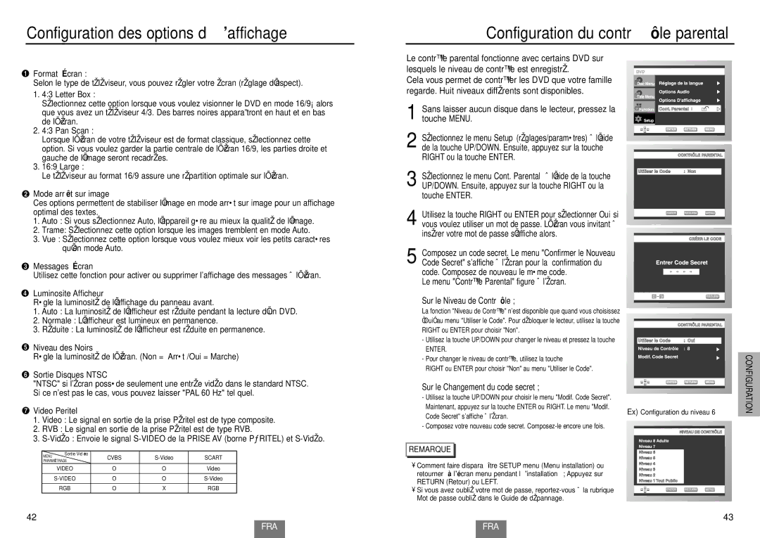 Samsung DVD-E232A/XEL manual Configuration des options d’affichage, Configuration du contrô le parental, Format É cran 