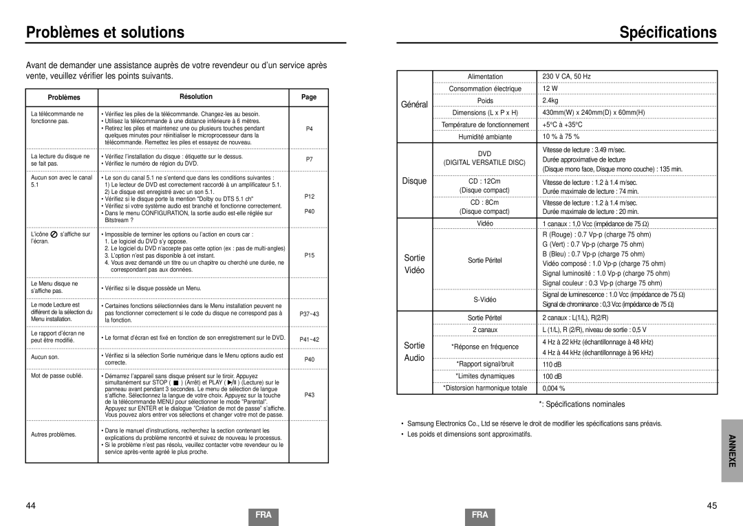 Samsung DVD-E232A/XEL manual Problè mes et solutions, Spé cifications 