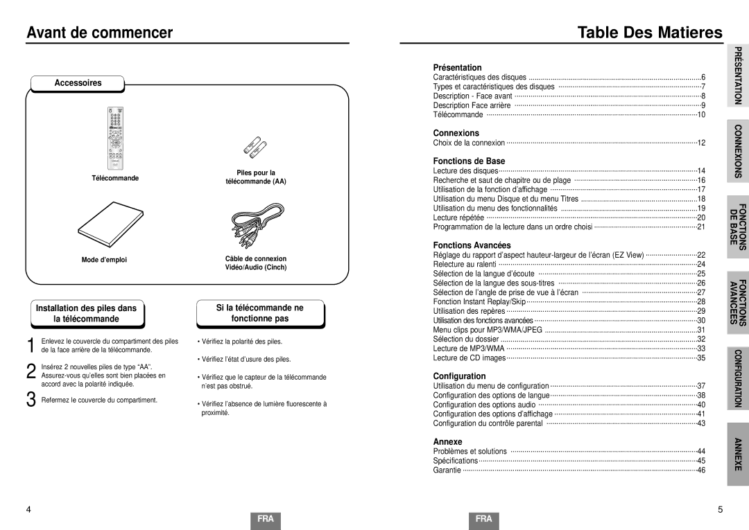 Samsung DVD-E232A/XEL manual Avant de commencer, Table Des Matieres 