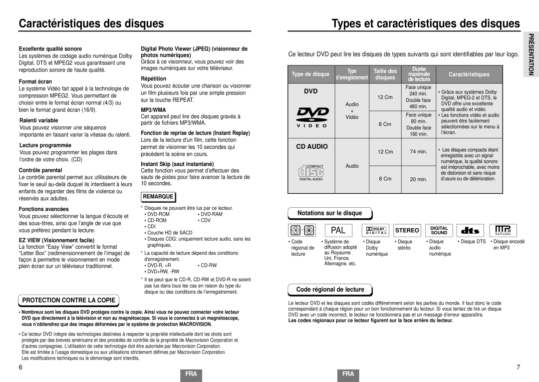 Samsung DVD-E232A/XEL manual Caractéristiques des disques, Types et caractéristiques des disques, Notations sur le disque 