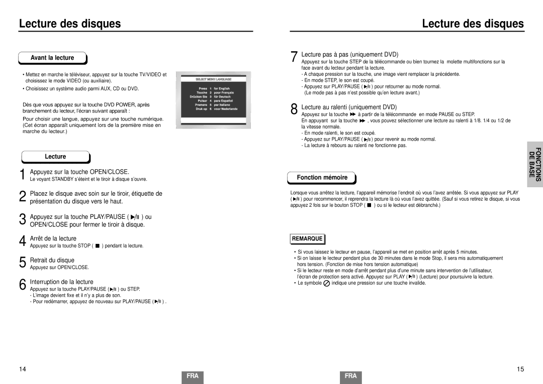 Samsung DVD-E232A/XEL manual Lecture des disques, Avant la lecture, Fonction mé moire 