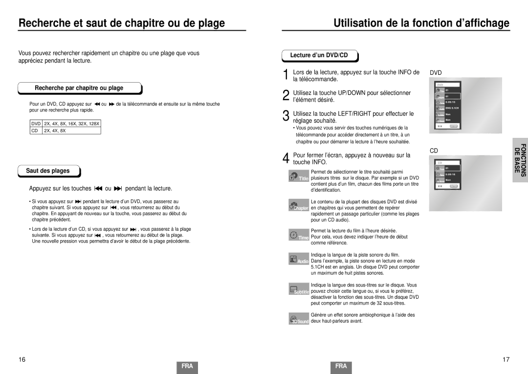 Samsung DVD-E232A/XEL Recherche et saut de chapitre ou de plage, Utilisation de la fonction d’affichage, Saut des plages 