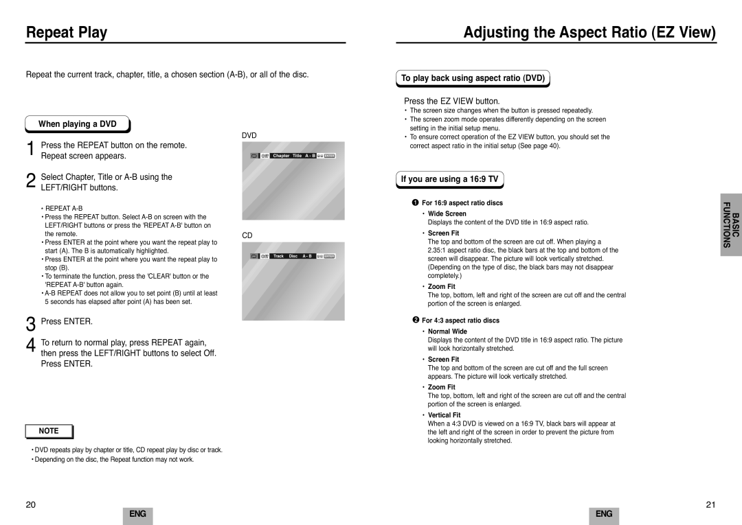 Samsung DVD-E232A/XEL manual Repeat Play, Adjusting the Aspect Ratio EZ View, When playing a DVD, If you are using a 169 TV 