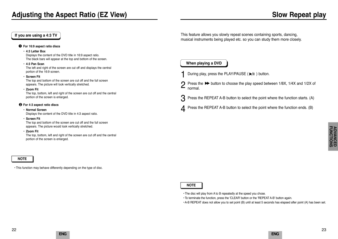 Samsung DVD-E232A/XEL manual Slow Repeat play, If you are using a 43 TV, Functions Advanced 