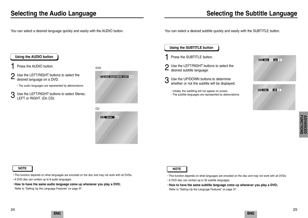 Samsung DVD-E232A/XEL manual Selecting the Audio Language, Selecting the Subtitle Language, Using the Audio button 