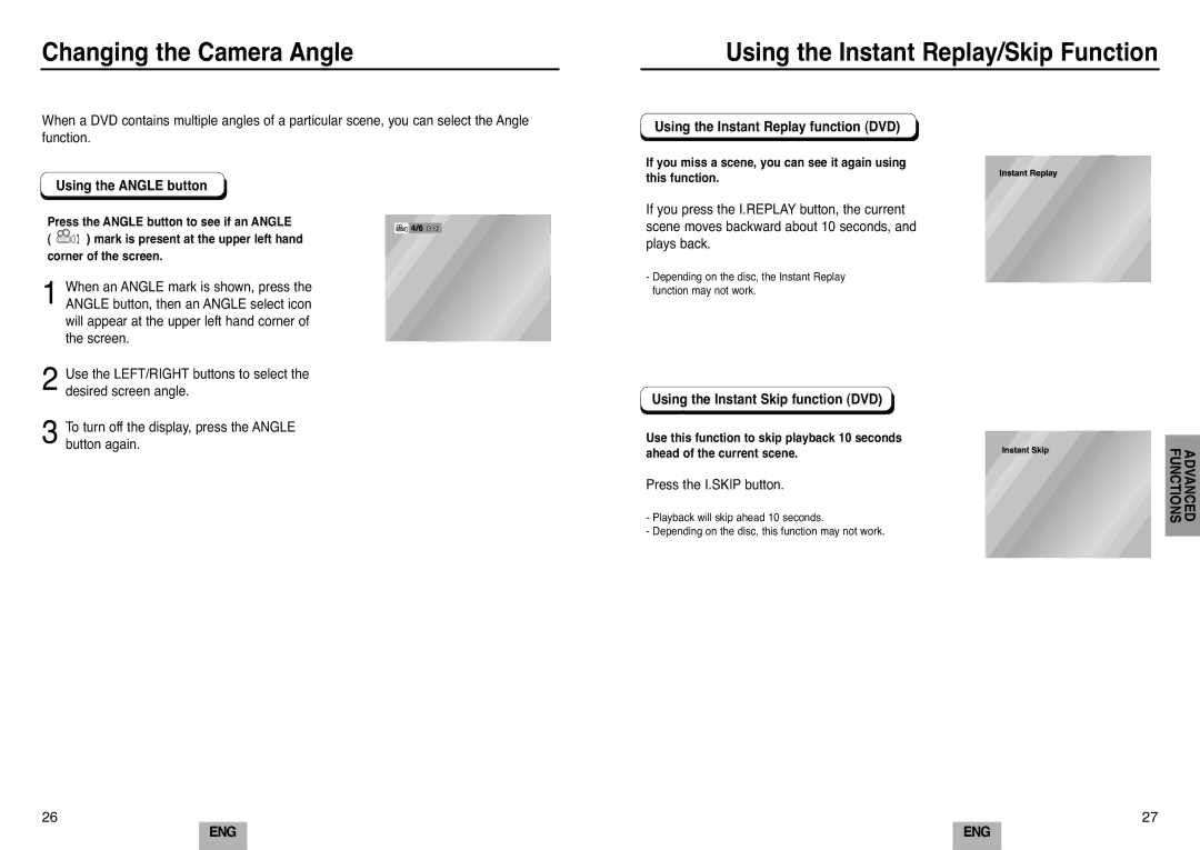 Samsung DVD-E232A/XEL manual Changing the Camera Angle, Using the Instant Replay/Skip Function, Using the Angle button 