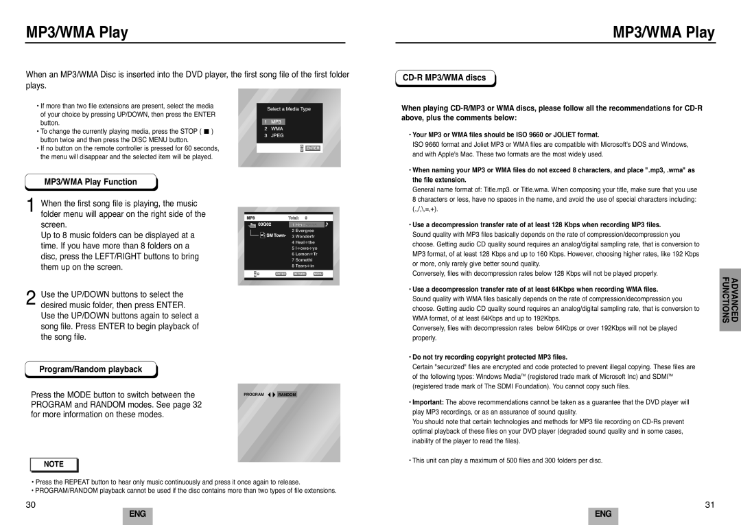 Samsung DVD-E232A/XEL manual MP3/WMA Play Function, Program/Random playback, Press the Mode button to switch between 