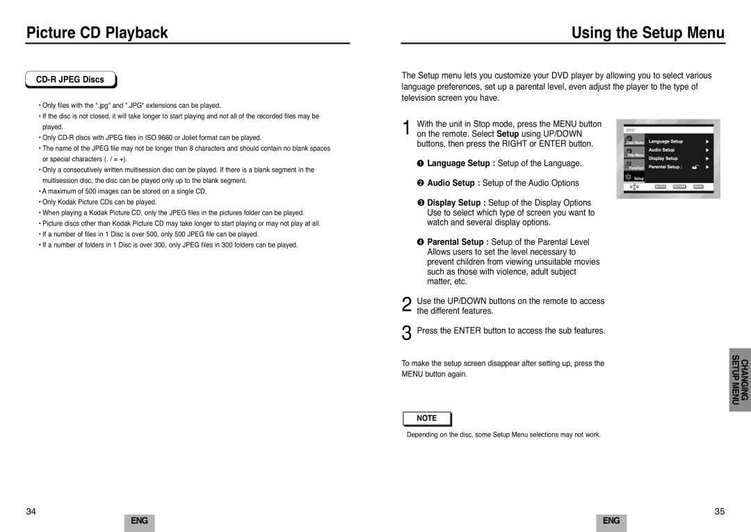 Samsung DVD-E232A/XEL manual Using the Setup Menu, CD-R Jpeg Discs 