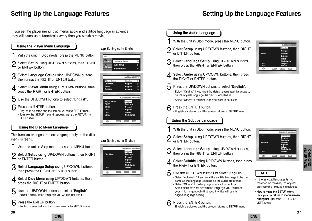 Samsung DVD-E232A/XEL manual Setting Up the Language Features, Using the Player Menu Language, Using the Disc Menu Language 