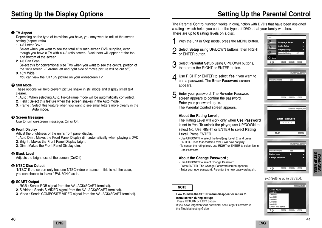 Samsung DVD-E232A/XEL manual Setting Up the Parental Control, TV Aspect, About the Rating Level, About the Change Password 