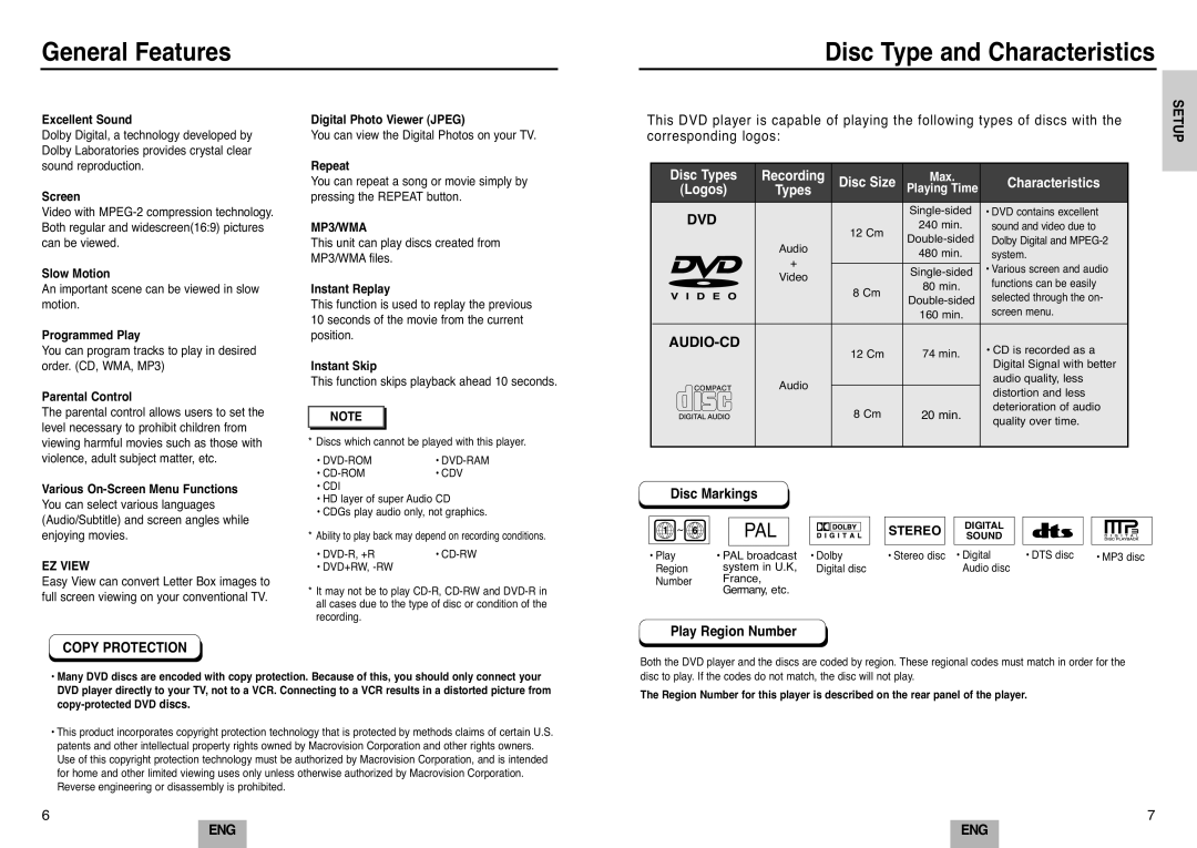 Samsung DVD-E232A/XEL manual General Features Disc Type and Characteristics, Corresponding logos, Disc Markings 