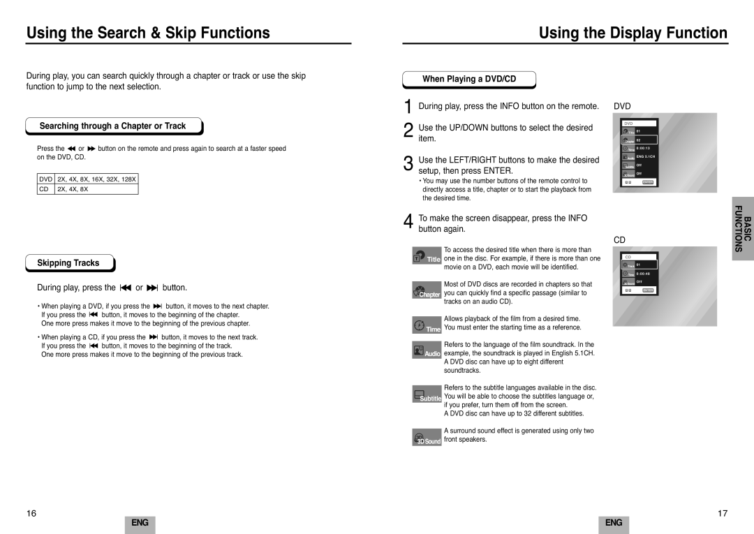 Samsung DVD-E232A/XEL manual Searching through a Chapter or Track, When Playing a DVD/CD, Skipping Tracks 