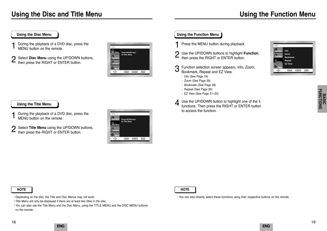 Samsung DVD-E232A/XEL manual Using the Function Menu, Select Disc Menu using the UP/DOWN buttons 