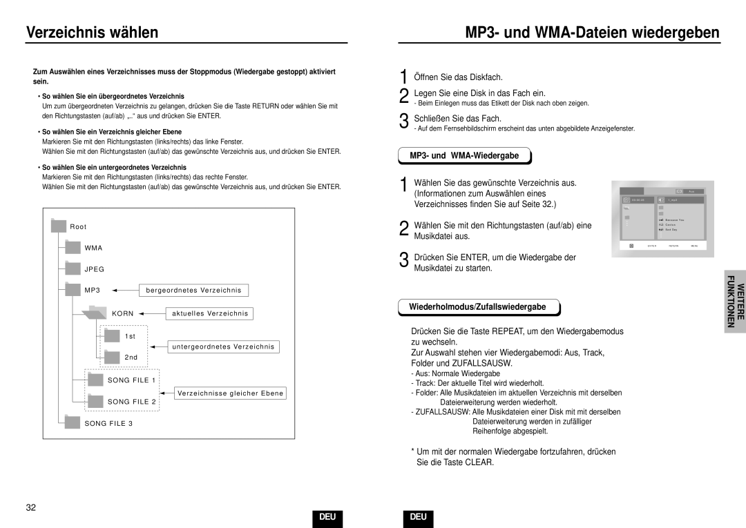 Samsung DVD-E232A/XEL manual Verzeichnis wä hlen, MP3- und WMA-Wiedergabe, Wiederholmodus/Zufallswiedergabe 