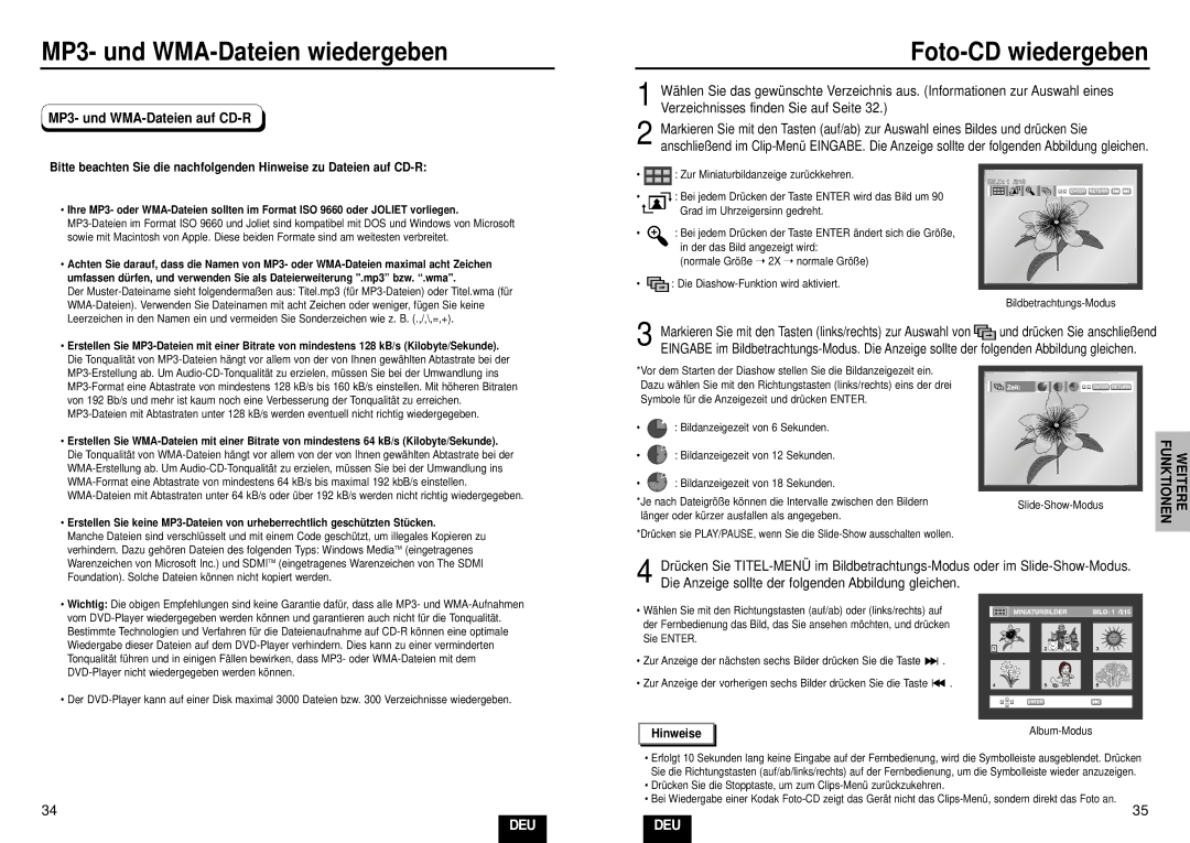 Samsung DVD-E232A/XEL manual MP3- und WMA-Dateien wiedergeben, Foto-CD wiedergeben, MP3- und WMA-Dateien auf CD-R 