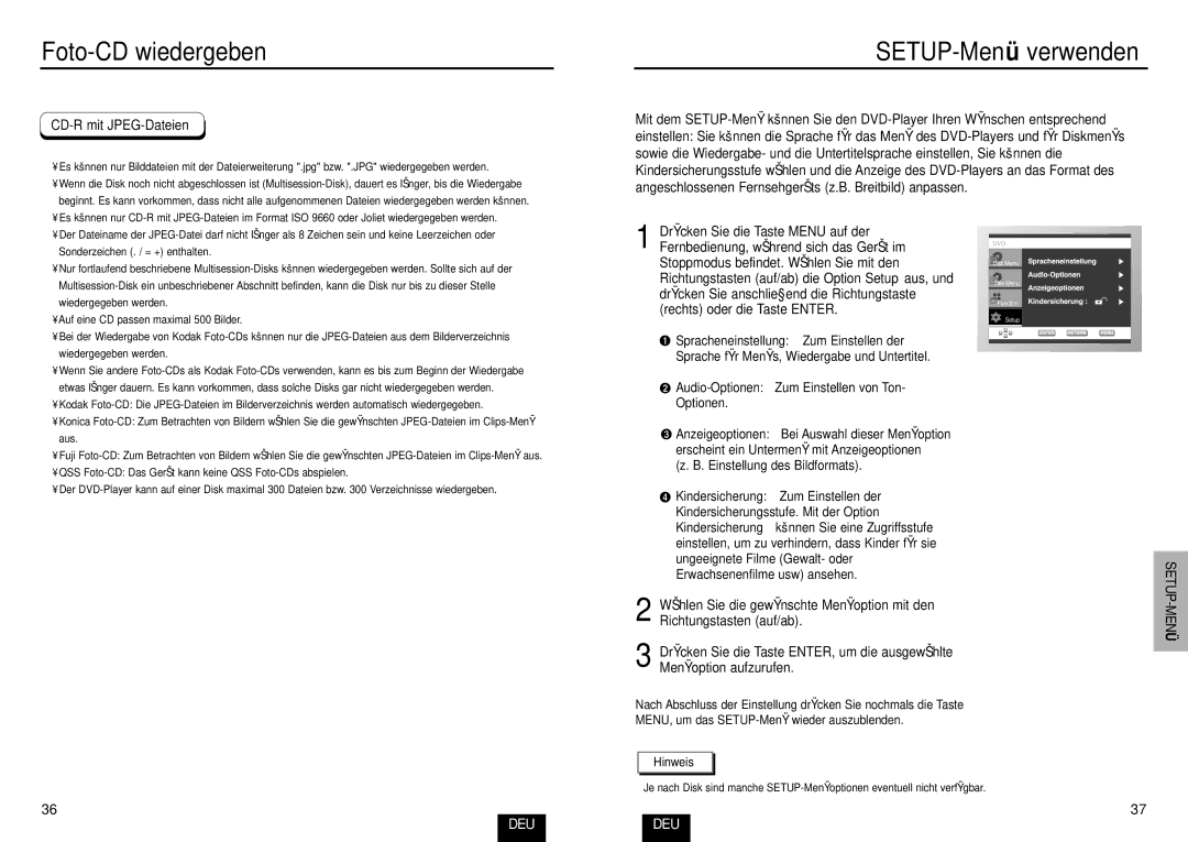 Samsung DVD-E232A/XEL manual SETUP-Menü verwenden, CD-R mit JPEG-Dateien, Spracheneinstellung Zum Einstellen der 