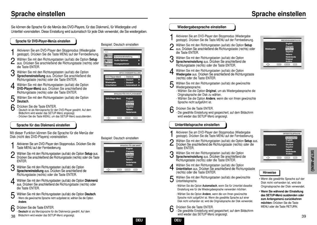 Samsung DVD-E232A/XEL manual Sprache einstellen, Wiedergabesprache einstellen, Sprache fü r das Diskmenü einstellen 