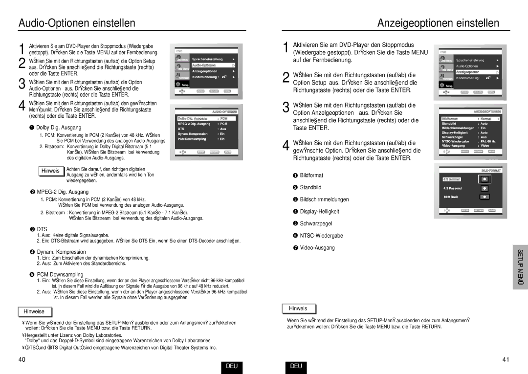 Samsung DVD-E232A/XEL Audio-Optionen einstellen Anzeigeoptionen einstellen, Richtungstaste rechts oder die Taste Enter 