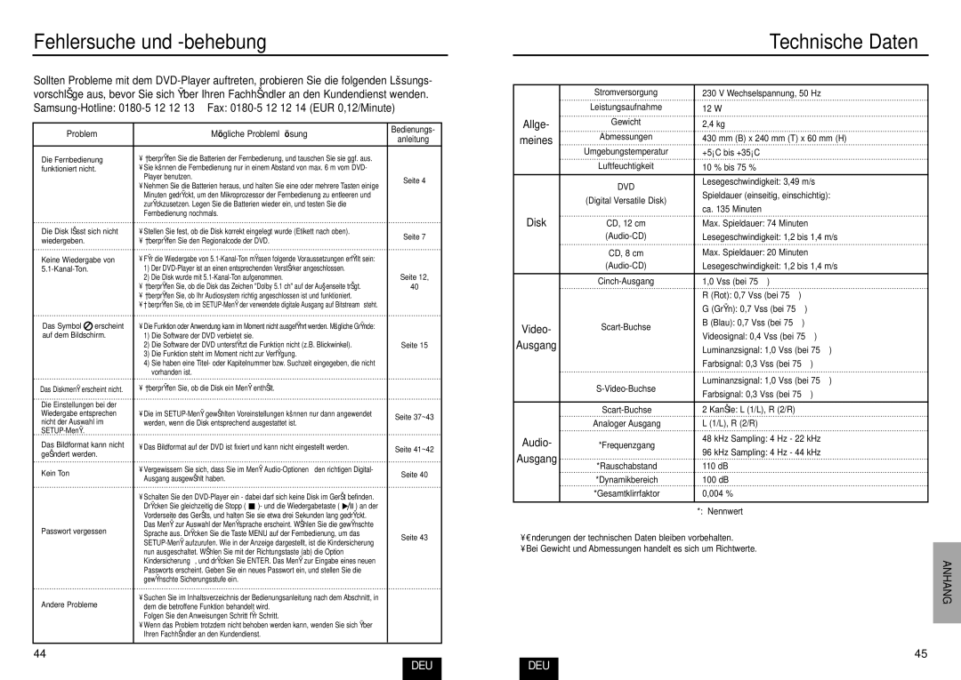 Samsung DVD-E232A/XEL manual Fehlersuche und -behebung, Technische Daten, Allge 