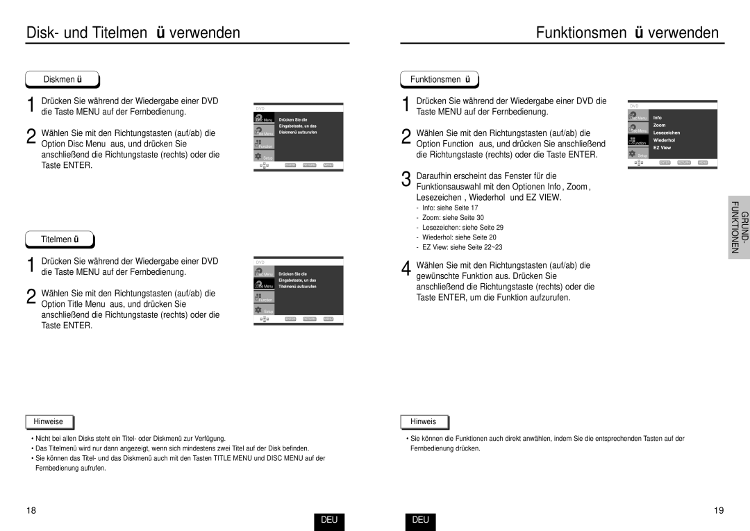 Samsung DVD-E232A/XEL manual Funktionsmenü verwenden 