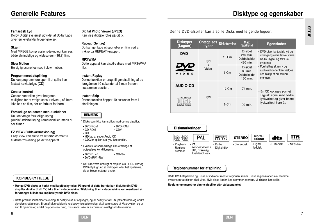 Samsung DVD-E232A/XEL manual Generelle Features Disktype og egenskaber, Diskmarkeringer, Regionsnummer for afspilning 