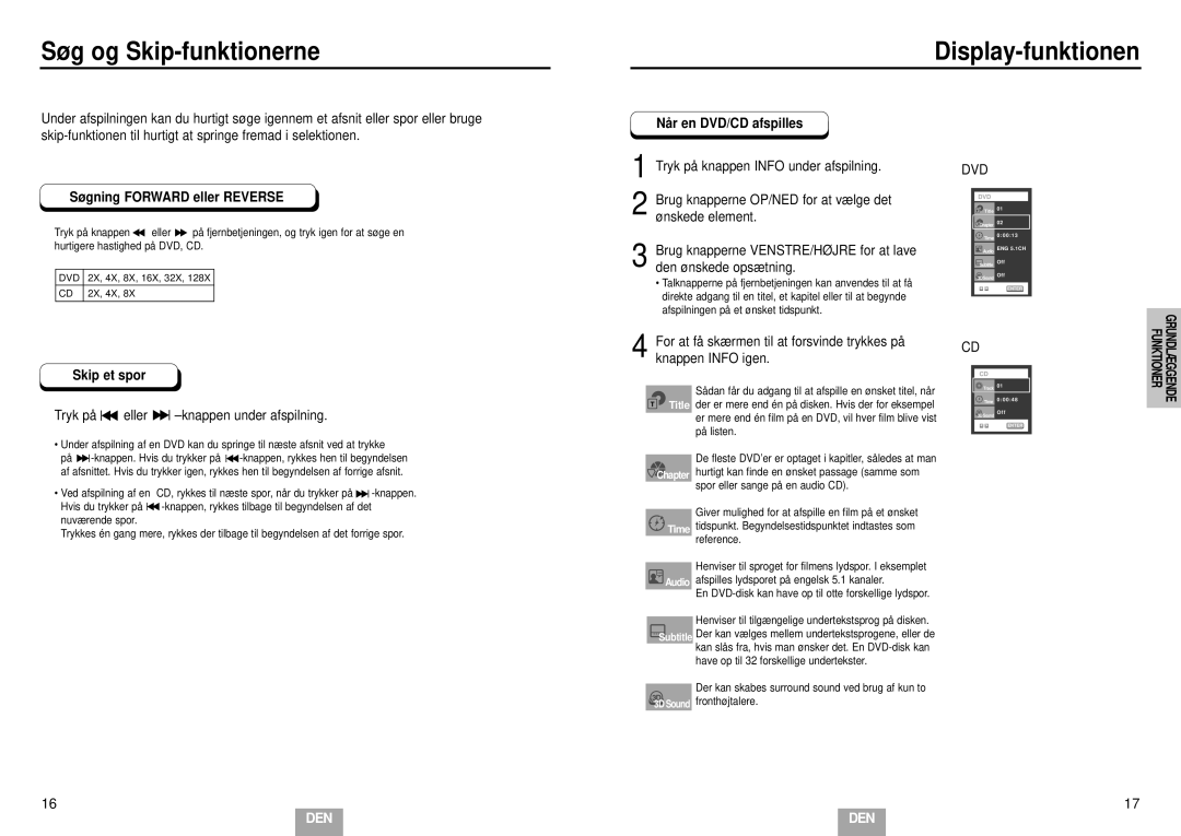 Samsung DVD-E232A/XEL Søg og Skip-funktionerne Display-funktionen, Søgning Forward eller Reverse, Nå r en DVD/CD afspilles 