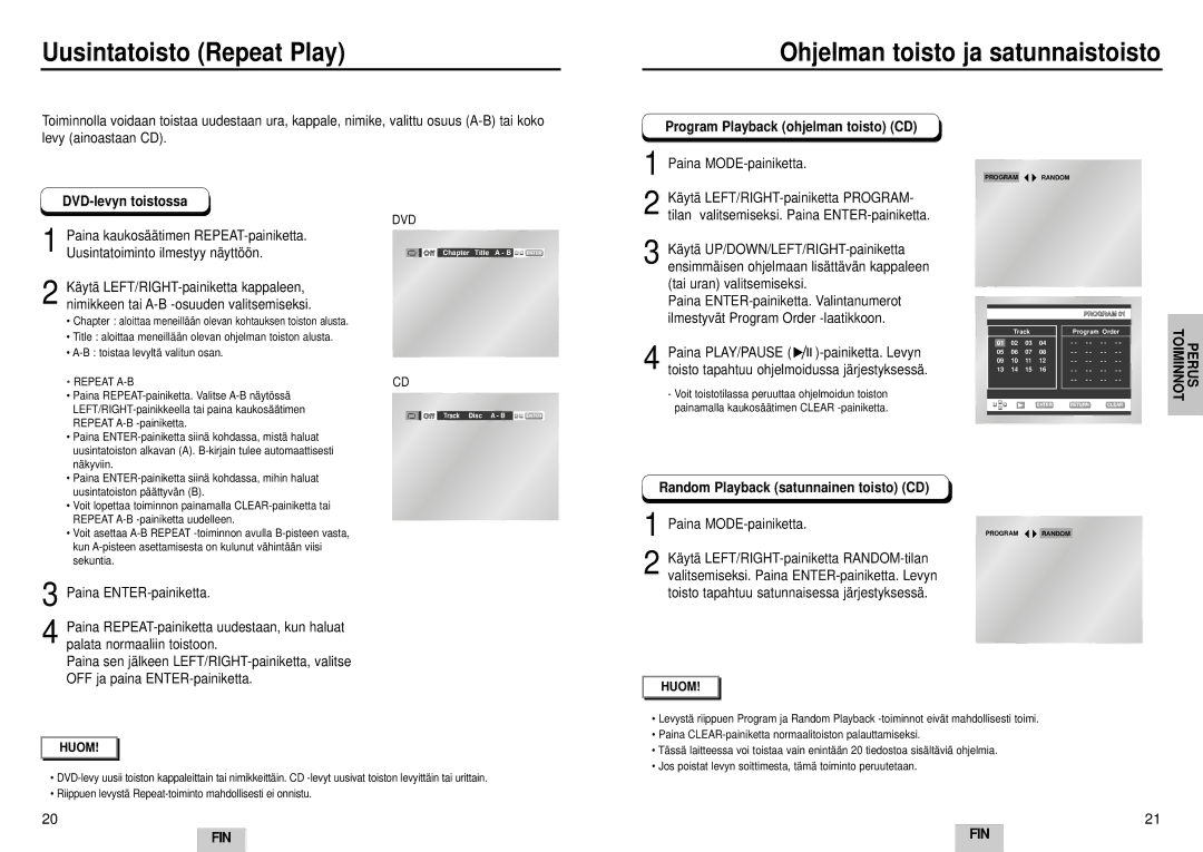 Samsung DVD-E232A/XEL Uusintatoisto Repeat Play, Ohjelman toisto ja satunnaistoisto, Program Playback ohjelman toisto CD 