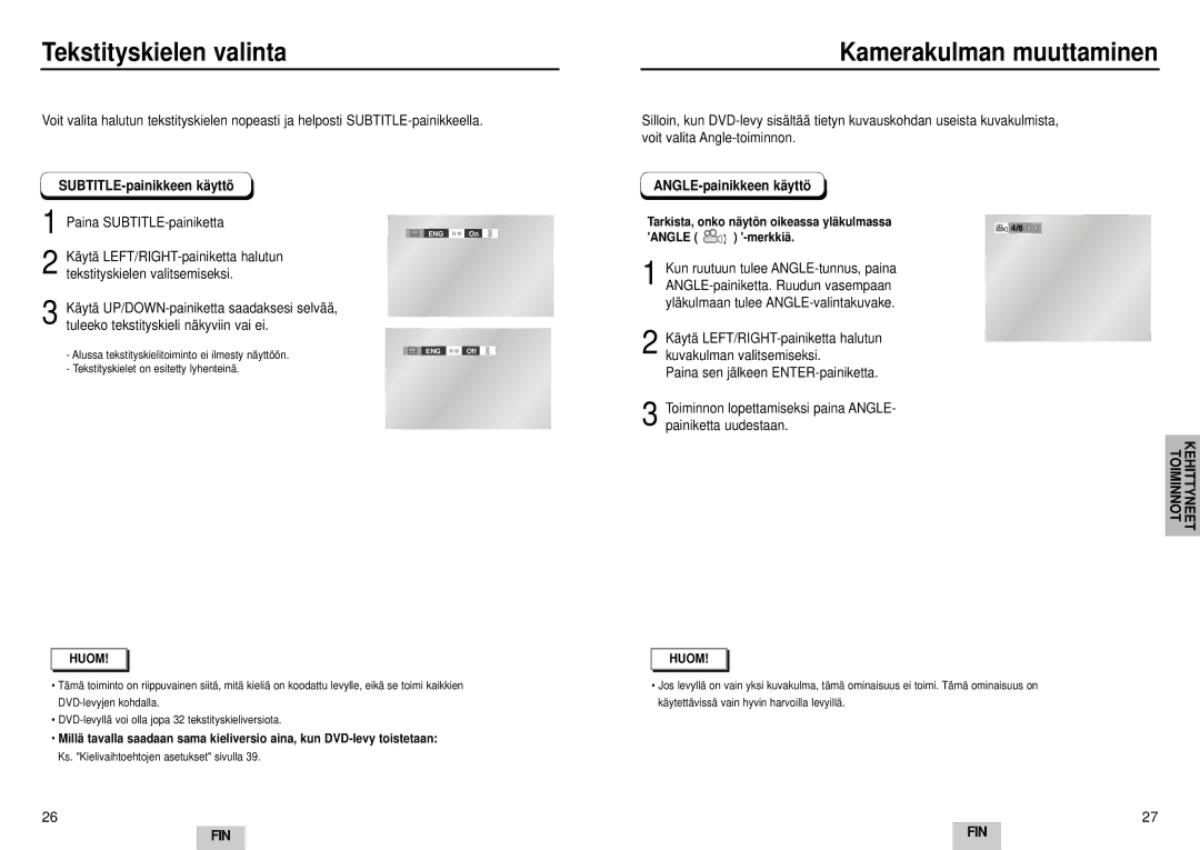 Samsung DVD-E232A/XEL manual Tekstityskielen valinta, Kamerakulman muuttaminen, SUBTITLE-painikkeen kä yttö 